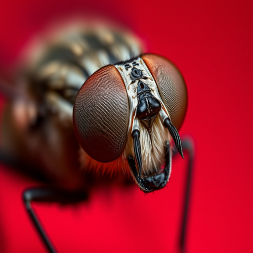 macro shot of a fly with detailed focus on its eyes and texture, red background, aperture f/2.8, shutter speed 1/250s, ISO 100, 100mm macro lens, DSLR camera, natural lighting