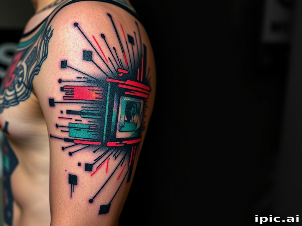 Glitch art tattoo called "Digital Disruption" incorporating pixelated elements and distorted imagery to create a unique cyberpunk-inspired design that appears to malfunction