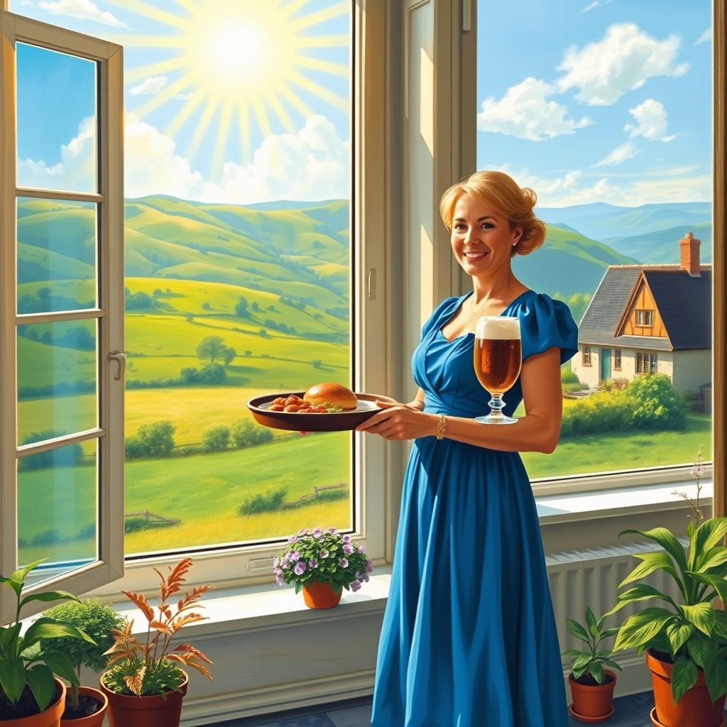 In "A Glass of Beer on the Highland," a serene scene is depicted in a sunlit room where a woman in a vibrant blue dress stands by a large window. She holds a tray with a hearty meal and a frothy glass of beer, embodying a moment of relaxation. Outside, the breathtaking highland landscape features rolling green hills and a charming traditional house, all bathed in warm afternoon light. The interior is adorned with potted plants, creating a harmonious blend of comfort and nature. The painting beautifully captures the tranquility and joy found in simple pleasures amidst stunning scenery