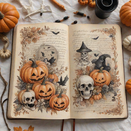 Design a detailed watercolor, vintage-inspired Halloween-themed imagery for a cottagecore junk journal. The design features a spooky yet shabby chic aesthetic with handwritten elements in faded ink, showing slight wear. Include pumpkins, cute ghosts, and adorable skulls alongside autumn florals, all rendered in soft pastel colors like pale orange, cream, and black for accents. The imagery has a slight worn or parchment texture, creating a nostalgic feel. The high-resolution image has no blur, contrast, or grainy textures, and is filled with intricate details in 8k definition.