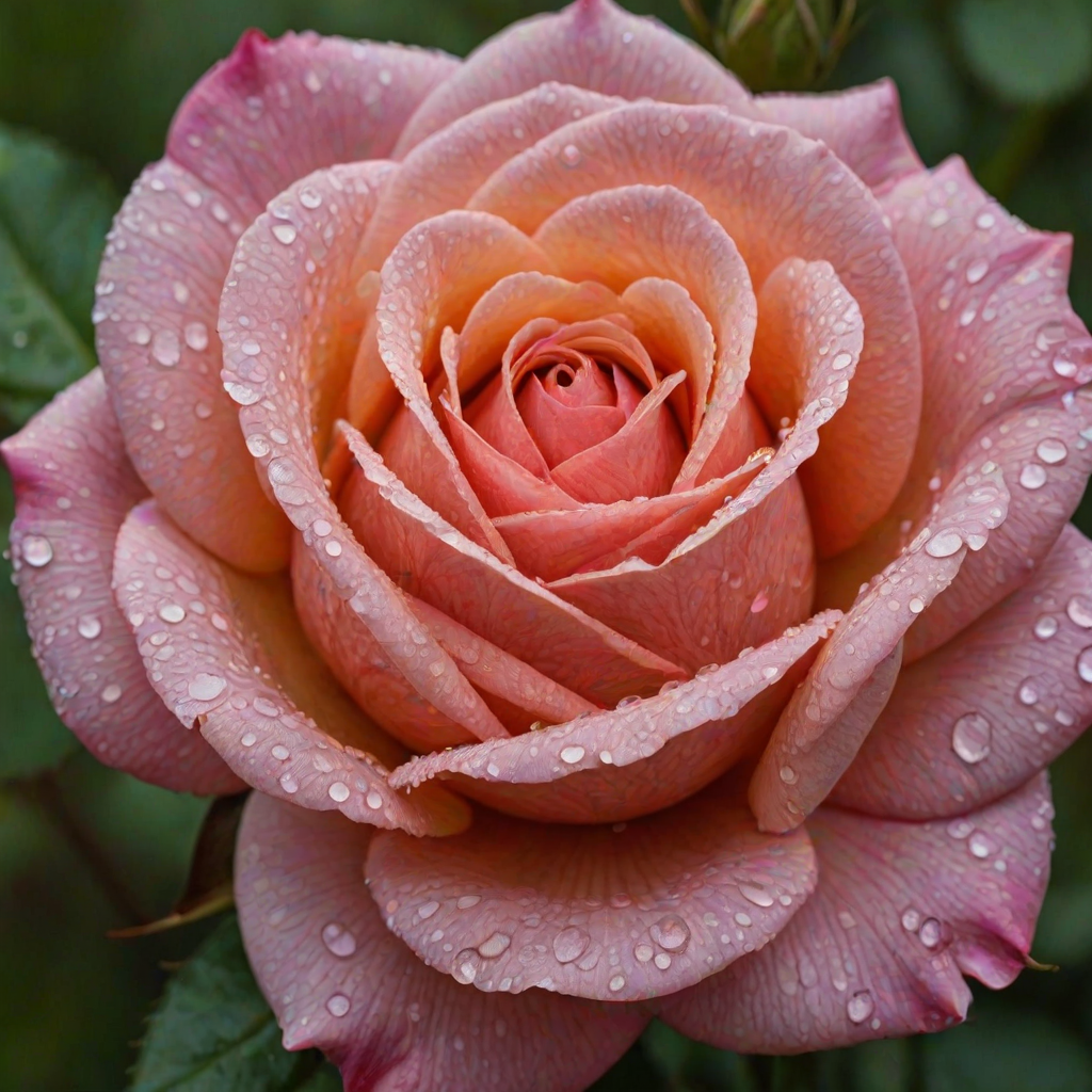 Create an image of a single rose with dew drops on its petals. The rose should be in full bloom and the background should be blurred with a hint of greenery. The rose should be captured from a side angle, showcasing its vibrant color and intricate petal structure.