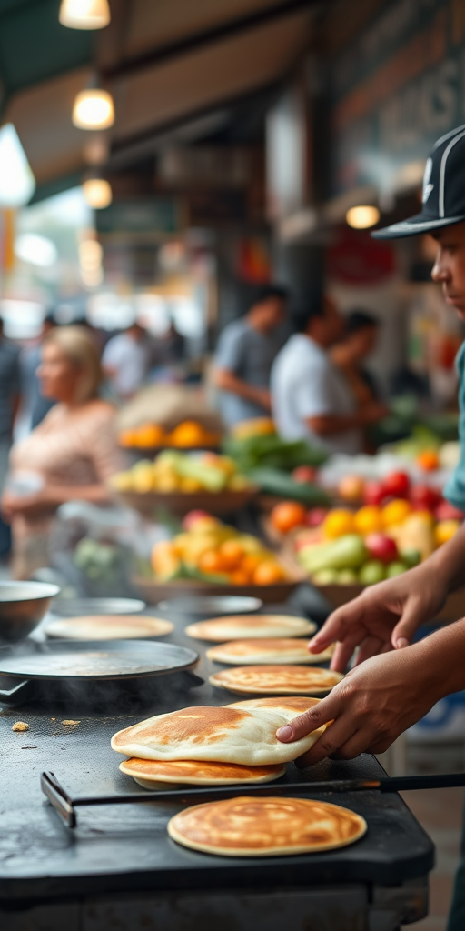 Blurry candid shot of a street vendor flipping pancakes at a bustling market, soft steam rising from the griddle, with colorful produce and distant shoppers blurred in the background.