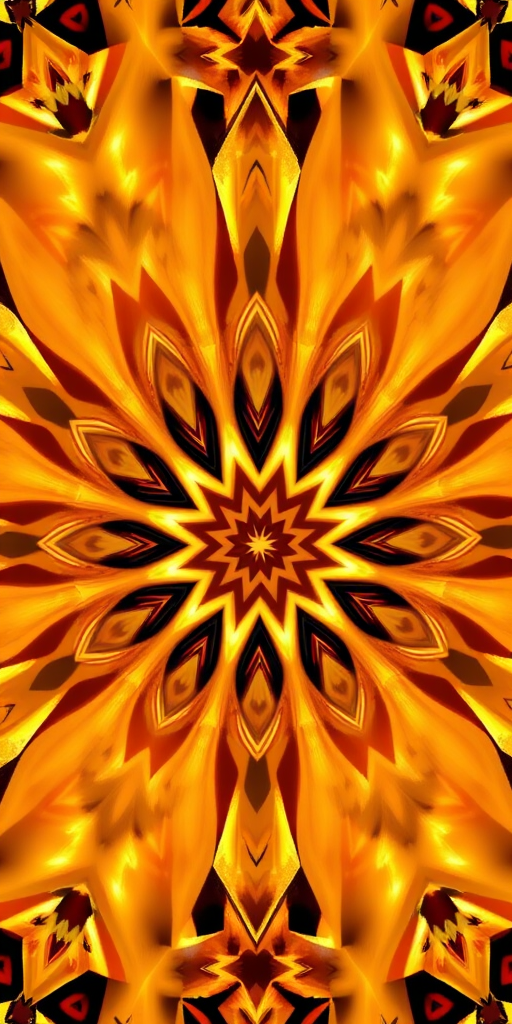 Generate a symmetrical kaleidoscope pattern featuring a rich golden color palette with intricate geometric shapes, using a DSLR camera with a 50mm lens at f/1.8, ISO 200, and a soft-focus background for enhanced detail and vibrancy.