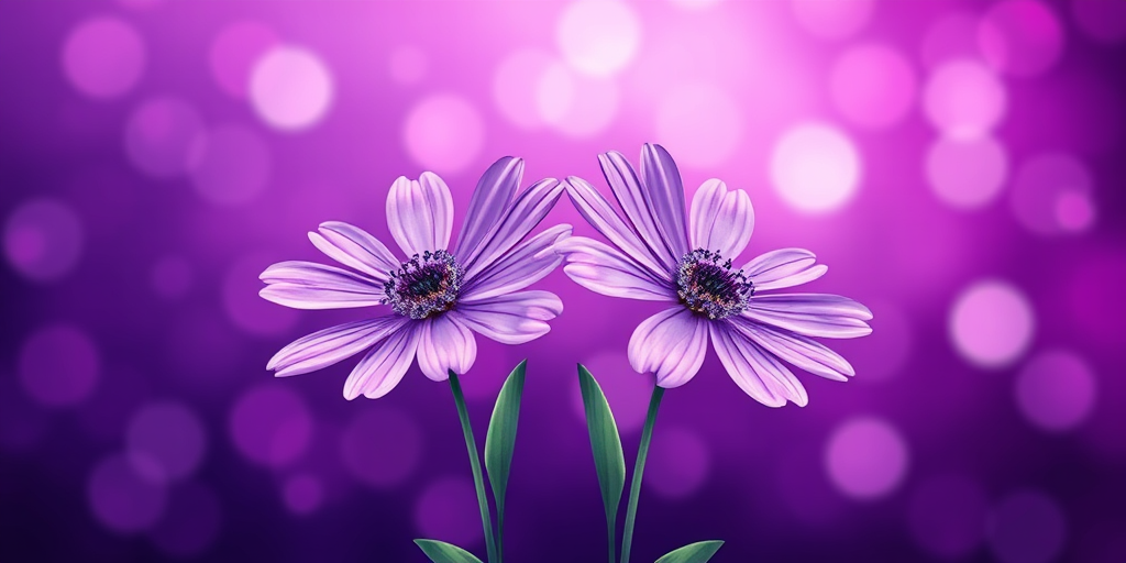 Create a high-resolution illustration of two stylized purple flowers on a vibrant purple background with circular bokeh effects, using a digital art style, with a 50mm lens, f/2.8 aperture, and a soft focus effect for enhanced depth.