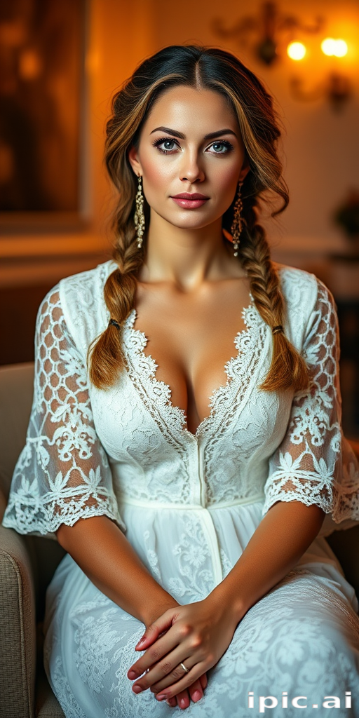 Create a portrait of a refined and elegant woman seated in a sophisticated setting. She has long, wavy hair styled in two thick braids that are pulled over her shoulders. She wears a white, lace gown with intricate patterns, featuring a deep V-neckline and short sleeves. The dress exudes a vintage charm with its delicate lacework. She is adorned with ornate, dangling earrings that add a touch of glamour to her appearance. The background is softly lit, with warm, ambient lighting that creates a cozy and inviting atmosphere. Her expression is poised and serene, capturing a sense of grace and elegance.