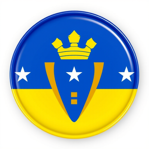 Create a high-resolution image of the Barbados flag in a 3D circular badge design, using a Canon EOS R5 camera with a 50mm f/1.2 lens, aperture set to f/2.8, ISO 100, natural lighting, and a slight vignette effect to enhance depth.