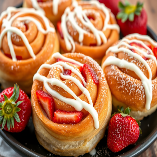 A close-up image of freshly baked strawberry rolls with cream frosting drizzled on top and sprinkled with powdered sugar. The rolls are golden brown, soft, and filled with sliced strawberries, arranged neatly on a dark plate with whole strawberries beside them. The background is blurred to emphasize the delicious pastries.