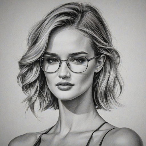 Dazzling Rosie Huntington-Whiteley, pencil sketch, portrait of Exquisite woman 1978s in glasses, hair style beatnik, outline, clear lines, fine lines, 8k