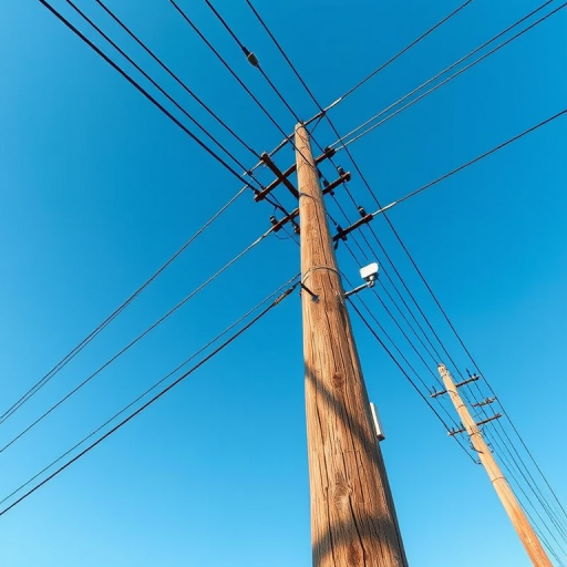 Create a high-resolution digital illustration of two utility poles with power lines, using a wide-angle lens, f/11 aperture, ISO 100, shot in natural daylight, with a clear blue sky background and high contrast for enhanced details.