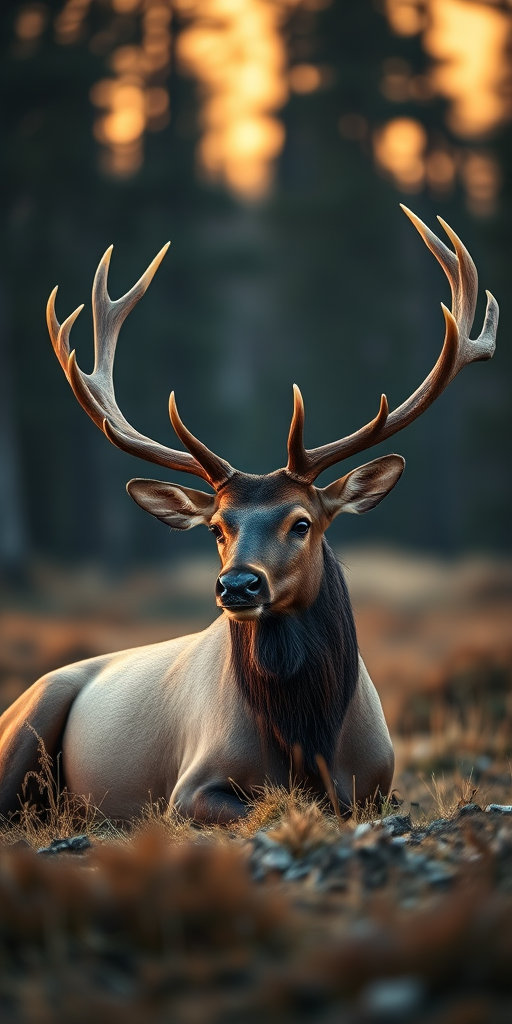 a majestic elk with large glowing antlers resting in a tranquil forest clearing at twilight, soft bokeh effect in the background, Nikon D750, 50mm lens, aperture f/1.8, ISO 400, natural light, focus on the elk with a warm color palette