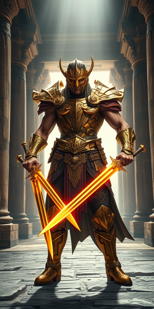 Create an epic fantasy image of a powerful warrior with a muscular build, adorned in intricate golden armor, holding dual glowing swords, standing in a grand temple with stone pillars, dramatic lighting highlighting his figure, shot with a DSLR camera at f/2.8, ISO 100, 24mm lens, eye-level angle, high dynamic range.