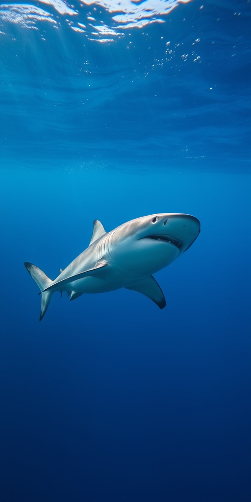 Underwater photograph of a shark swimming gracefully in clear blue water, captured with a Canon EOS R5, 24mm lens, f/8 aperture, ISO 200, 1/200 sec shutter speed, in a vibrant, detailed style.
