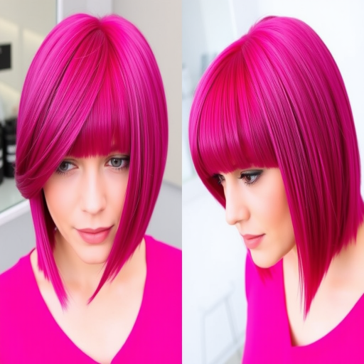 Vibrant magenta hair forms the base of the bold "Electric Orchid" style. The shoulder-length cut features blunt ends and a full, side-swept fringe. The hair is styled straight and sleek, with a high-shine finish that makes the color pop. Subtle violet undertones add depth and dimension to this striking, confident look.