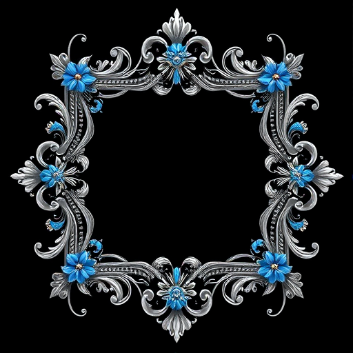 Create a highly detailed and vibrant illustration of an ornate silver and blue floral frame, using a macro lens with a focal length of 50mm, aperture set to f/2.8, ISO 100, and natural light to enhance the intricate design and colors, capturing it in a straight-on view with a clean black background for emphasis.