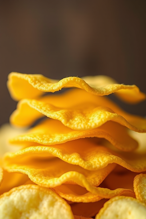 Close-up shot of crispy potato chips stacked together, shallow depth of field, DSLR camera, 50mm lens, aperture f/1.8, ISO 200, natural lighting.