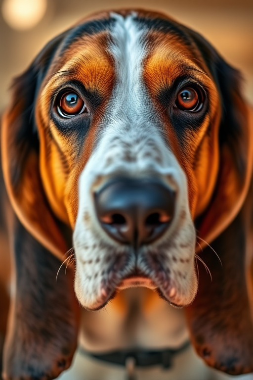 Regenerate the image of a basset hound with a focus on its expressive eyes and detailed fur texture, using a Canon EOS R5 camera with a 50mm f/1.8 lens, aperture set to f/2.8, ISO 100, and soft natural lighting to enhance clarity and depth.