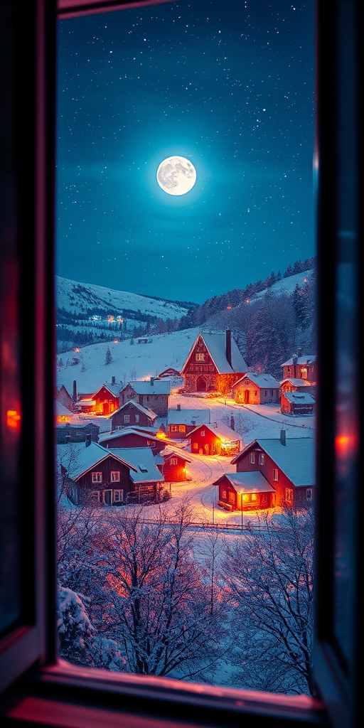 A colorful night scene of a snowy village viewed from a window, with a bright moon in a starry sky, painted in vibrant colors; camera settings: ISO 200, f/4.0, 1/60s; camera view: portrait; camera style: saturated colors, soft focus; camera type: DSLR.