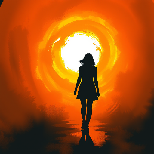 silhouette of a woman walking towards a bright, fiery vortex, warm color palette of oranges and yellows, textured brushstrokes for a painterly effect, DSLR camera, f/2.8 aperture, ISO 100, 50mm lens, shallow depth of field, soft focus background
