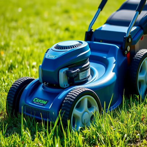 Create a high-resolution vector graphic of a lawn mower with a blue body and green grass catcher, captured from a low angle using a DSLR camera at f/8 aperture, ISO 100, with a 50mm lens, in bright daylight to enhance detail and contrast.