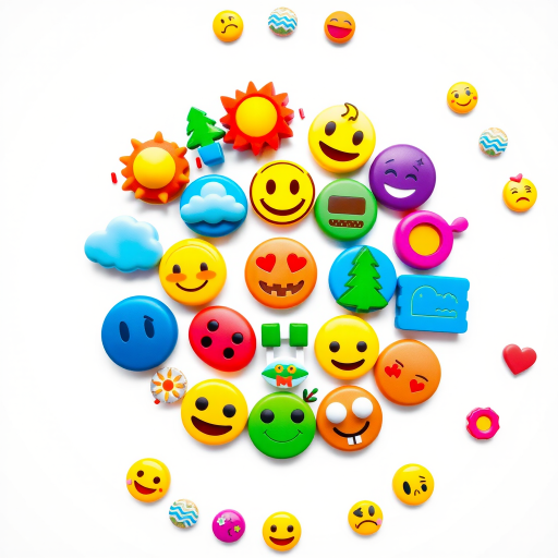 Create a vibrant and colorful circular collage using various emojis including nature, weather, and symbols, captured with a Canon EOS R5 at f/8, ISO 100, 24mm lens, in a macro style with a clean white background for enhanced contrast.