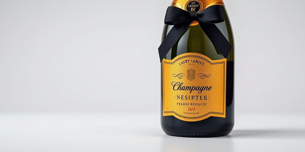 Create a high-resolution image of a luxury champagne bottle with a golden label and black ribbon, using a Canon EOS 5D Mark IV at f/2.8, ISO 100, 50mm lens, in a clean studio setup with soft lighting to enhance reflections and details.