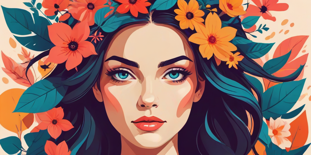 Use modern vector graphics flat design art with vibrant colors with a limited color pallete and simple shapes to create an illustration of a woman wearing flowers in her hair looking at the viewer