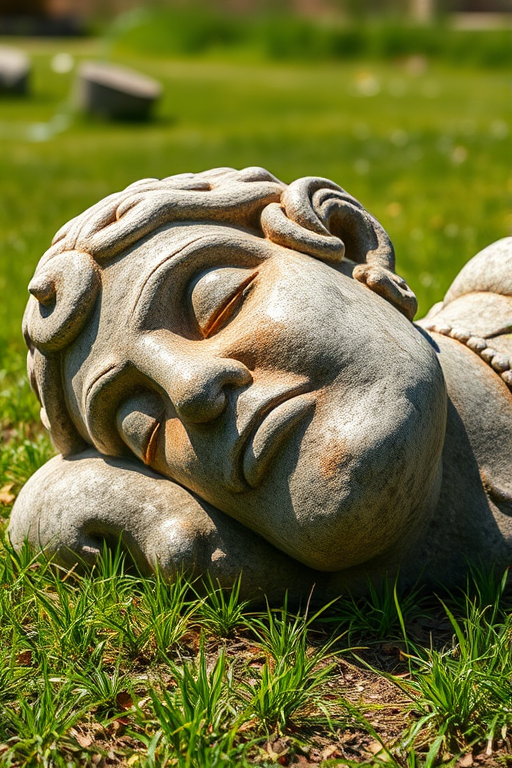 regenerate an image of a large stone statue lying on the grass with a detailed texture and natural surroundings, captured with a DSLR camera at f/8 aperture, ISO 200, and 50mm lens, using a shallow depth of field to blur the background and enhance the statue's details in bright daylight.