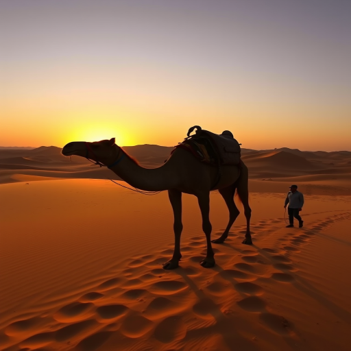 desert landscape at sunset with a silhouette of a camel and a person walking, golden sand dunes in the background, camera settings: ISO 100, aperture f/11, shutter speed 1/125s, camera view: wide-angle, camera style: HDR, camera type: DSLR
