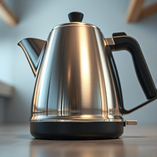 a high-resolution image of a shiny stainless steel kettle with a sleek design, captured from a low angle perspective using a DSLR camera with an aperture of f/2.8, shutter speed of 1/125 sec, and ISO 100, ensuring a soft background blur for focus on the kettle's reflective surface