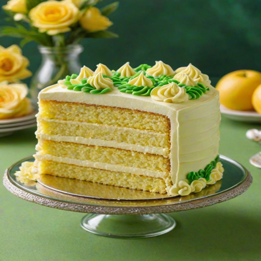 Create an image of a beautifully decorated yellow cake with smooth frosting and decorative piping on top. The cake should be displayed on a glass cake stand, with a slice already cut out to show the fluffy interior. Surround the cake with a lush green background for a fresh and inviting look.