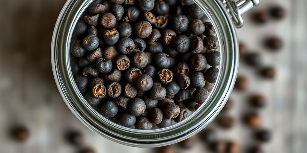 top-down view of black peppercorns in a clear glass jar, natural lighting, 50mm lens, f/1.8 aperture, ISO 200, shallow depth of field, capture using a DSLR camera