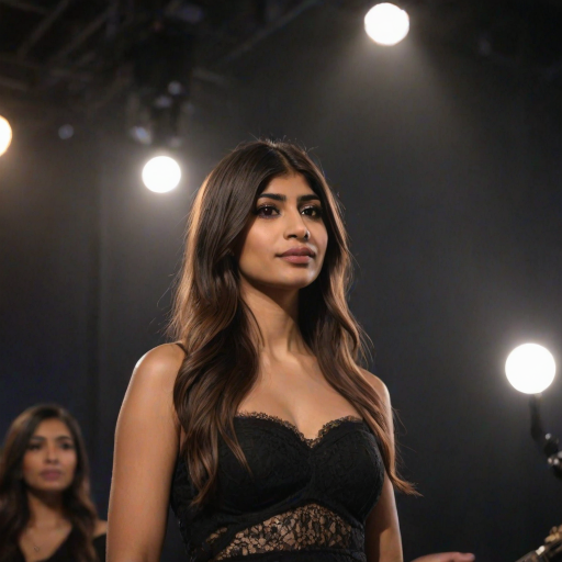 mia khalifa with long, flowing brown hair is standing in the center of the frame, holding a microphone in her right hand, and looking slightly off to the right side of the frame. She is wearing a black, off-the-shoulder dress with delicate lace detailing. The lighting is warm and dramatic, creating a spotlight effect on the singer. There are other figures in the background, blurred and out of focus, suggesting a concert or performance setting. The camera angle is low, capturing the woman from the waist up. The overall atmosphere is intimate and captivating.