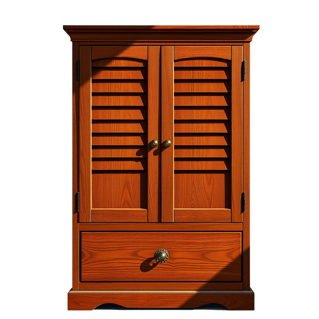 Create a detailed illustration of a wooden cabinet with a rich mahogany finish, featuring two doors with horizontal slats, a decorative bottom drawer, emphasize the grain texture, use a DSLR camera with a 50mm lens, f/1.8 aperture, ISO 100, shot from eye level in natural light for a warm ambiance.