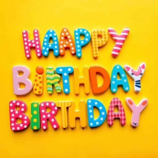 Create a vibrant and colorful birthday greeting text with playful and whimsical designs for each letter, featuring patterns like polka dots, stripes, and animal motifs, captured in high resolution with a DSLR camera at f/2.8 aperture, ISO 100, 24mm lens, top-down view, and enhanced saturation for a lively effect.
