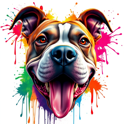 Create a hyper-detailed splash art of an American Bully dog's head on a clean white background. The design should include vibrant color splashes and drips in complementary colors, focusing on the tongue and eyes, expressive features and intricate contours. The dog's expression should be intense, almost roaring, and the overall composition should be different positions, feel fantastic and dynamic, as if a part of a digital fantasy artwork would be rendered in an 8k resolution, inspired by a mix of oil painting techniques and a stylized, epic Instagram aesthetic.