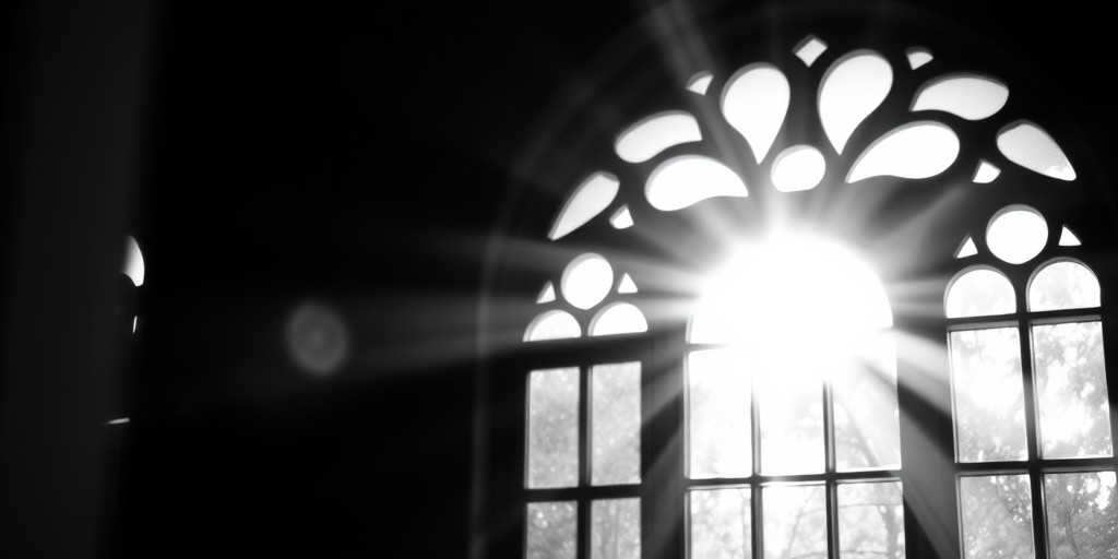 black and white photograph of an arched window with intricate light patterns, captured with a Canon EOS R5, 50mm lens, aperture f/4, ISO 100, shutter speed 1/125 sec, soft focus style, natural light, high dynamic range