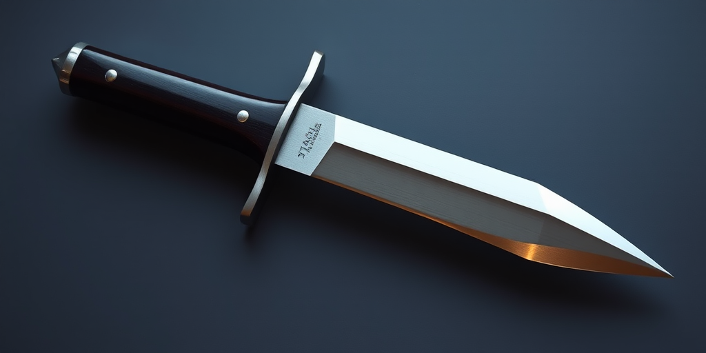 Create a high-resolution image of a sleek, silver dagger with a polished blade and a dark wooden handle, 50mm focal length, ISO 100, f/2.8 aperture, shot from a top-down view using a DSLR camera with soft lighting to enhance reflections on the blade.