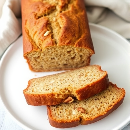 A freshly baked loaf of banana bread with slices cut and arranged beside it showcasing a moist and fluffy texture with hints of brown and speckles of nuts on a plain white plate with a soft cloth in the background.
