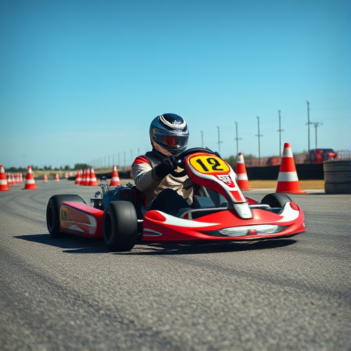 Capture a high-resolution image of a go-kart racer navigating around traffic cones on a sunny day, using a DSLR camera with a 50mm lens, aperture set to f/2.8, ISO 100, shutter speed 1/800s, positioned at eye level for a dynamic viewpoint, ensuring vivid colors and sharp details.