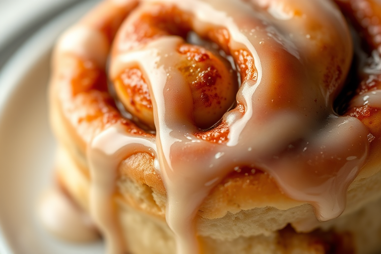 Create a highly detailed close-up image of a glazed cinnamon roll, captured with a DSLR camera at f/2.8 aperture, ISO 100, and a shutter speed of 1/125 sec, using a macro lens to enhance texture and clarity, in natural light to showcase the richness of the glaze and dough, with a shallow depth of field for a soft background.