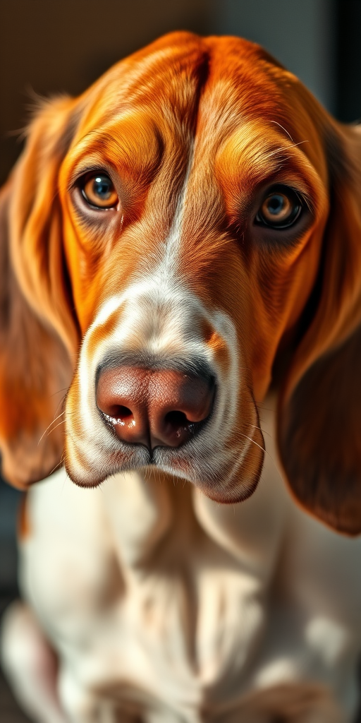 Regenerate the image of a basset hound with a focus on its expressive eyes and detailed fur texture, using a Canon EOS R5 camera with a 50mm f/1.8 lens, aperture set to f/2.8, ISO 100, and soft natural lighting to enhance clarity and depth.