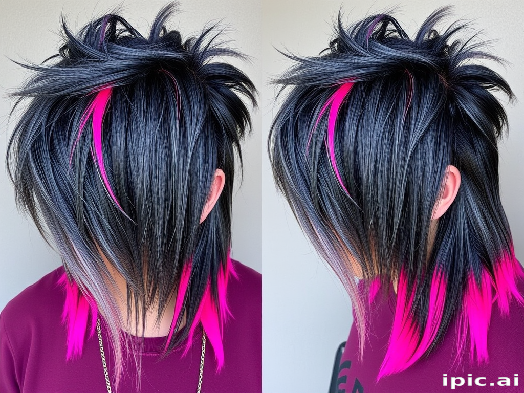 Charcoal grey mullet with neon pink tips, called "Punk Rock Twilight," featuring a grungy texture and an edgy contrast between dark and vibrant tones