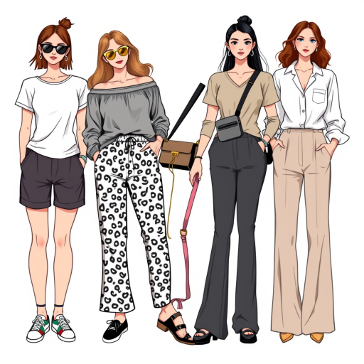 Create an illustration of four stylish women standing side by side, each showcasing unique fashion styles: one in a trendy top and shorts, another in a chic off-shoulder blouse and patterned pants, the third in a sporty outfit with a crossbody bag, and the fourth in a fashionable blouse and wide-leg pants, with a minimalistic white background to enhance focus on the clothing details, using a Canon EOS R5 camera set to ISO 100, aperture f/4, and 50mm lens for optimal clarity and color vibrancy.