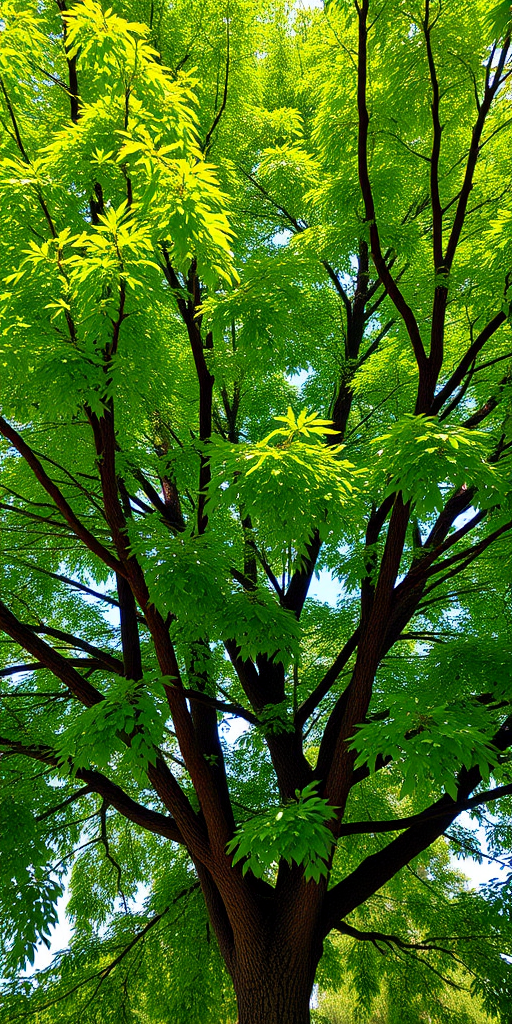 A lush, green tree with a thick canopy viewed from a slightly low angle, captured with a DSLR camera, aperture f/4, shutter speed 1/250 sec, ISO 100, in bright daylight to enhance color vibrancy and detail.