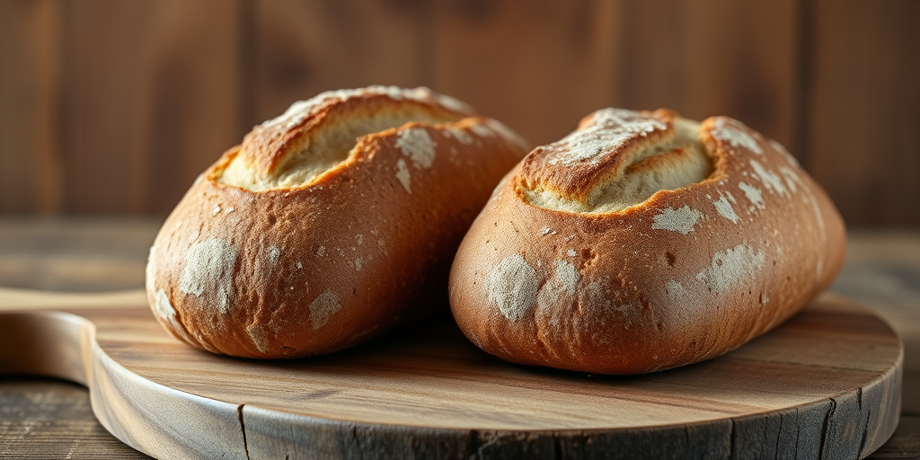 A close-up shot of two rustic loaves of bread on a wooden cutting board with a slightly blurred wooden background, taken with a DSLR camera at f/2.8 aperture, ISO 100, 50mm lens, natural light, capturing rich textures and warm tones.