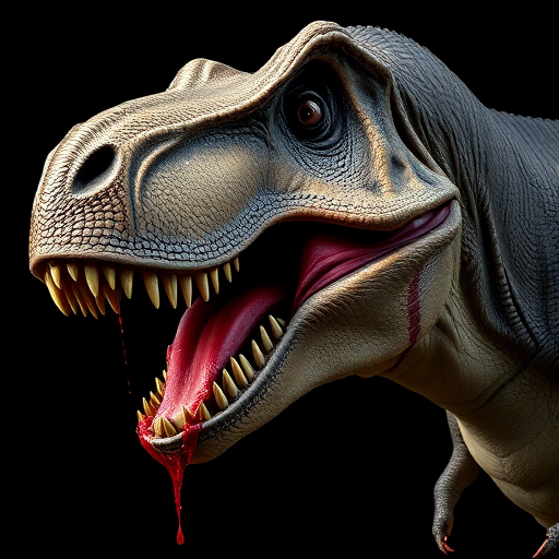 Create a highly detailed and realistic close-up of a Tyrannosaurus rex head with blood dripping from its mouth, set against a black background, using a Nikon D850 camera with a 85mm f/1.4 lens, shot at ISO 100, aperture f/2.8, and a shutter speed of 1/200 sec to enhance image clarity and depth.