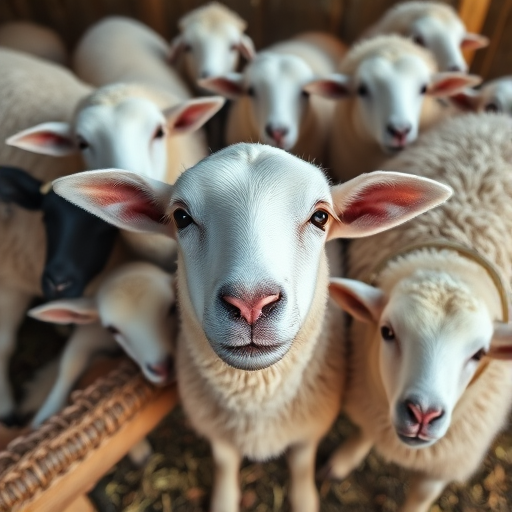 high-resolution photo of sheep and lambs at a farm, overhead view, natural lighting, aperture f/2.8, ISO 100, shutter speed 1/200s, DSLR camera, 35mm lens, vibrant colors, focus on sheep's faces with blurred background
