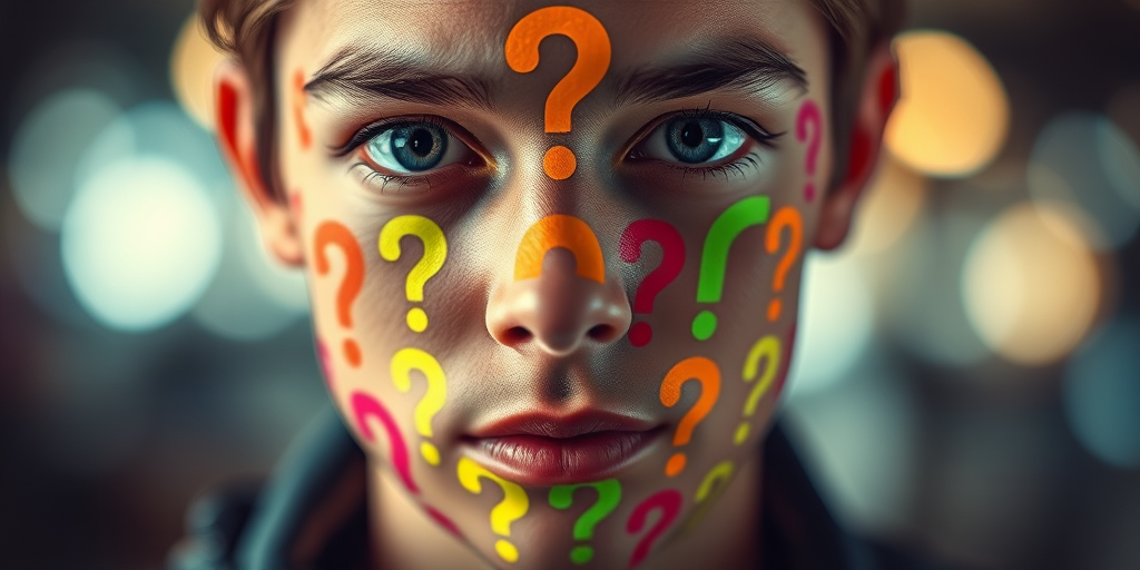Create an artistic close-up portrait of a person with a surreal pattern of colorful question marks overlaying their face, using a DSLR camera with an aperture of f/1.8, ISO 200, 50mm lens, shallow depth of field, and vibrant bokeh in the background for enhanced image quality.