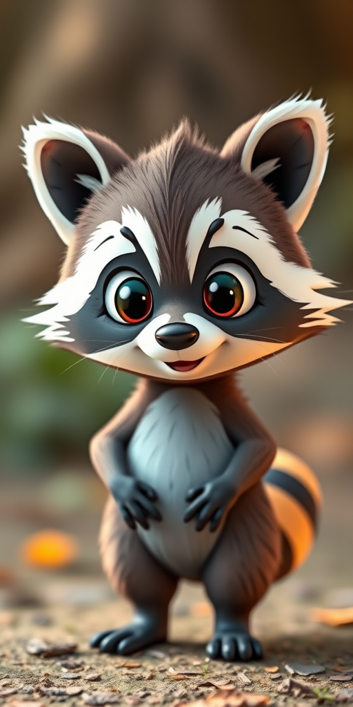Create a cute cartoon raccoon character with big expressive eyes, standing upright, in vibrant colors, with a playful posture and a friendly smile, captured with a DSLR camera at 50mm focal length, f/2.8 aperture, ISO 100, in soft natural lighting to enhance its features and textures.