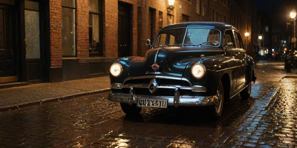 Crisp, detailed shot of a vintage car parked under a streetlamp at night, soft light reflecting off the polished chrome, cobblestone street wet from recent rain, reflections of nearby buildings in the car's windows, an old brick wall in the background, shadows stretching across the pavement.